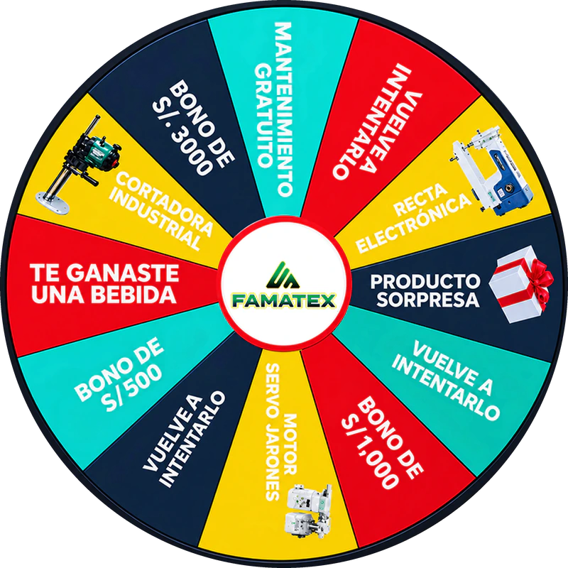 Ruleta de premios FAMATEX: bonos de S/500, S/1000 y S/3000, mantenimiento gratuito, recta electrónica, motor servo japonés, cortadora industrial, producto sorpresa y más
