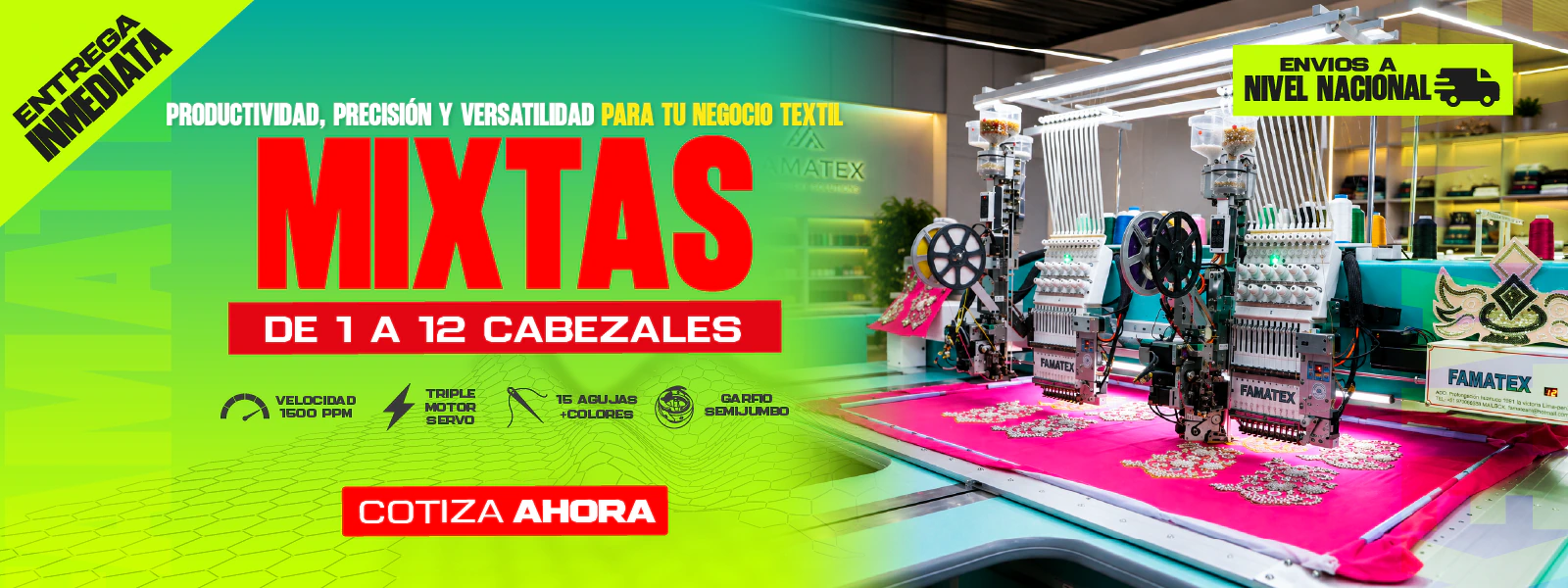 Bordadoras mixtas FAMATEX de uno a doce cabezales para aplicaciones especiales.